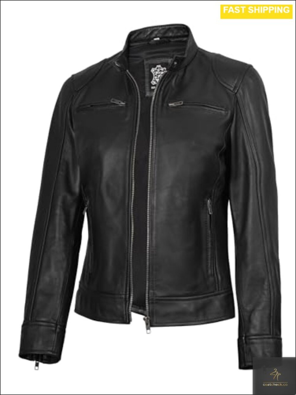 Genuine Lambskin Leather Jacket Women Cafe Racer Moto Biker Zip-Up